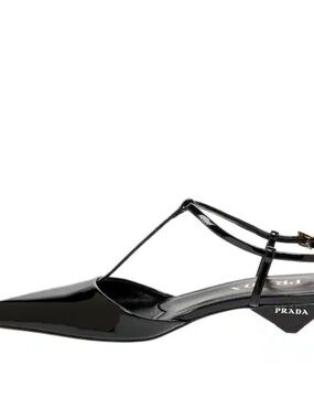 Prada Black Patent Leather Pointed T-Strap Slingback Heels